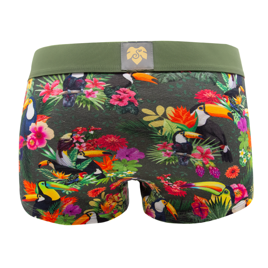 Schockhöschen Panty Tucan oliv Rü ckansicht — Tucan und buntes Dschungelmuster auf oliv mit olivfarbenen Gummibund 95 % Baumwolle fair in Deutschland genäht, Größen XS bis 4XL