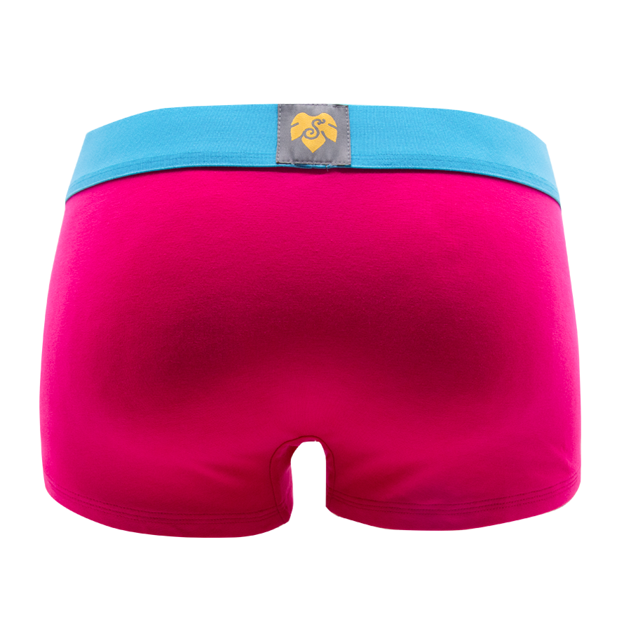 Schockhöschen Panty Pink Rückansicht — einfarbig Hot-Pink, türkisblaue Bund, goldenes Logo, 95 % Baumwolle fair in Deutschland genäht
