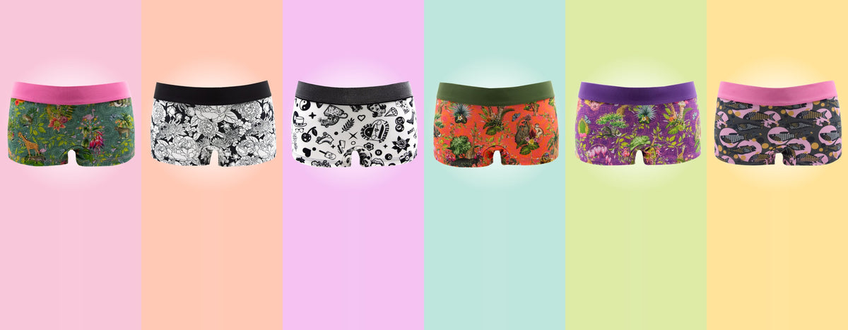 Sechs neue Baumwoll-Pantys im Vorverkauf: Lucky Chaos, Peony Black, African Spirit Orange, Lilac und Green sowie Schwarm