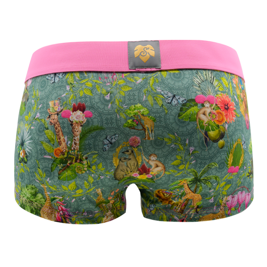 Panty African Spirit green von hinten – Tiere und Pflanzen auf Grün, rosa Bund