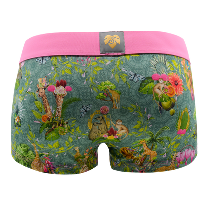 Panty African Spirit green von hinten – Tiere und Pflanzen auf Grün, rosa Bund