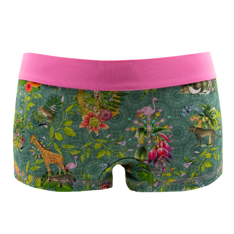 Panty African Spirit green von vorne – Tiere und Pflanzen auf Grün, rosa Bund