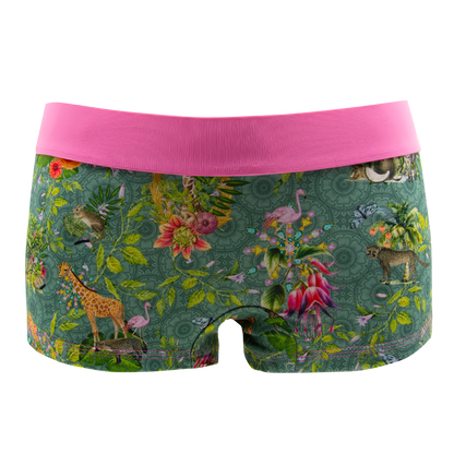 Panty African Spirit green von vorne – Tiere und Pflanzen auf Grün, rosa Bund