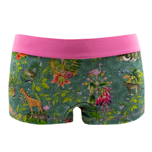 Panty African Spirit green von vorne – Tiere und Pflanzen auf Grün, rosa Bund
