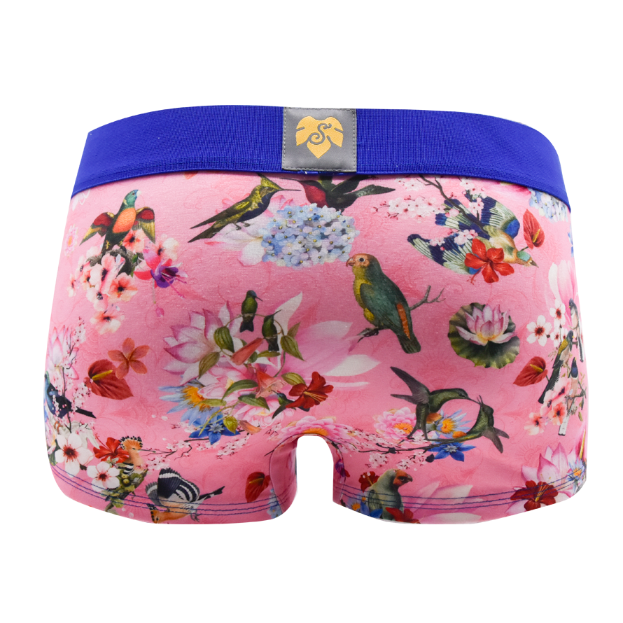 Schockhöschen Panty PiepShow Rosa Rückansicht — bunte Vögel und Blumenprint auf zartem Rosa, blauer Bund, exklusives Design