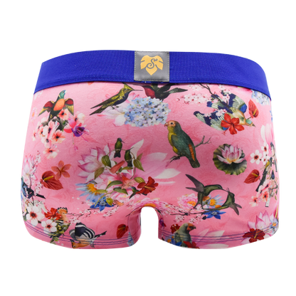Schockhöschen Panty PiepShow Rosa Rückansicht — bunte Vögel und Blumenprint auf zartem Rosa, blauer Bund, exklusives Design