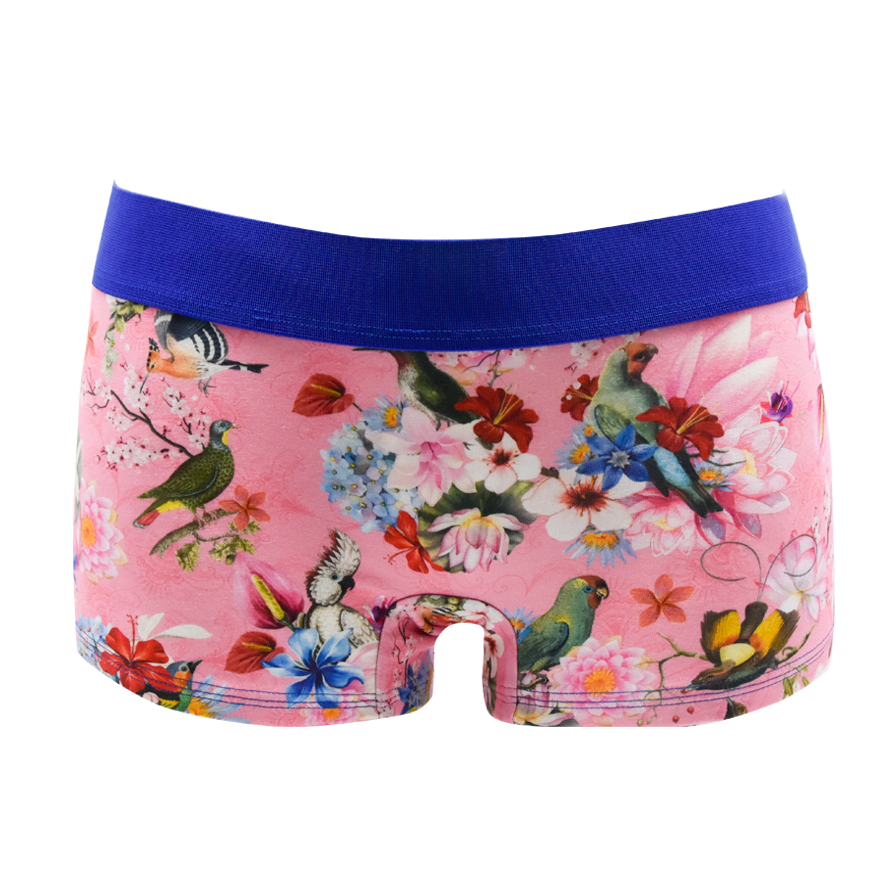Schockhöschen Panty PiepShow Rosa Vorderansicht — Vogel-Blüten-Print auf Rosa, 95% Baumwolle fair genäht, Größen XS bis 4XL