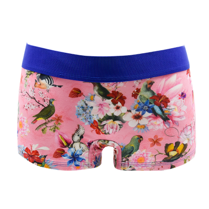 Schockhöschen Panty PiepShow Rosa Vorderansicht — Vogel-Blüten-Print auf Rosa, 95% Baumwolle fair genäht, Größen XS bis 4XL