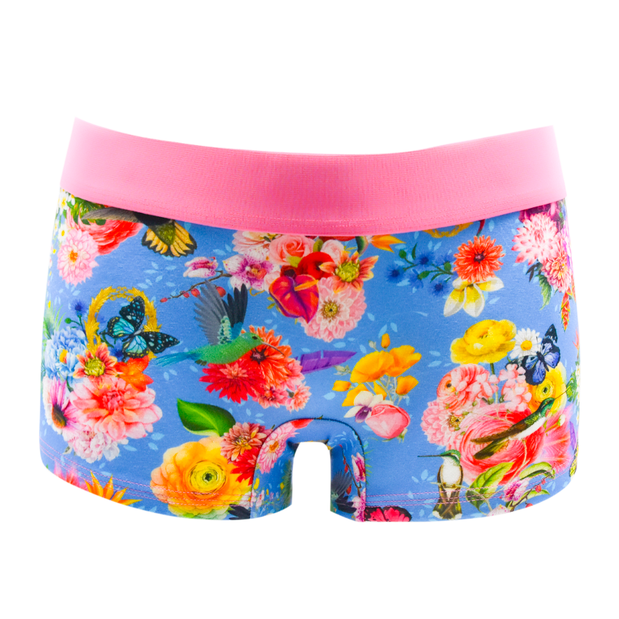 Schockhöschen Panty Poesie Blau Vorderansicht — Kolibri-Blumenprint auf Blau, 95% Baumwolle fair genäht, Größen XS bis 4XL