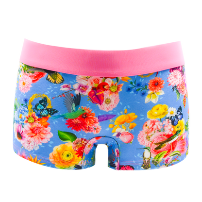 Schockhöschen Panty Poesie Blau Vorderansicht — Kolibri-Blumenprint auf Blau, 95% Baumwolle fair genäht, Größen XS bis 4XL