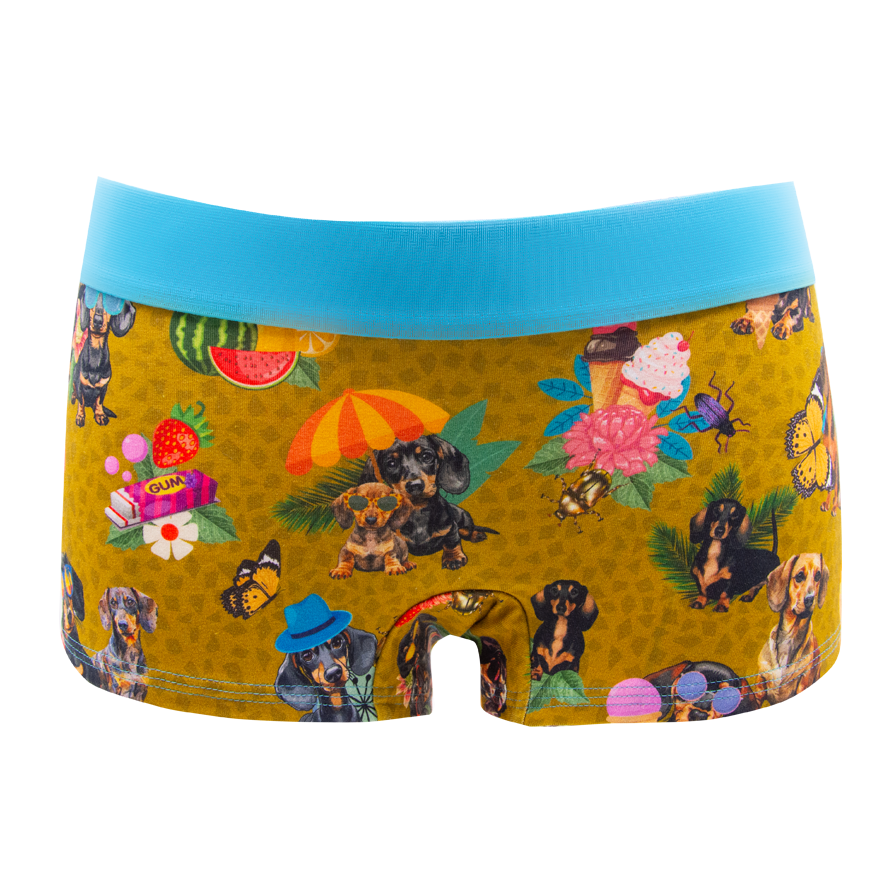 Schockhöschen Panty Dackel curry Vorderansicht — sommerliche Dackel auf curry farbenen Hintergrund mit türkisfarbenen Gummi 95 % Baumwolle fair in Deutschland genäht, Größen XS bis 4XL
