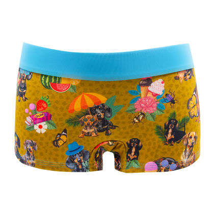 Schockhöschen Panty Dackel curry Vorderansicht — sommerliche Dackel auf curry farbenen Hintergrund mit türkisfarbenen Gummi 95 % Baumwolle fair in Deutschland genäht, Größen XS bis 4XL
