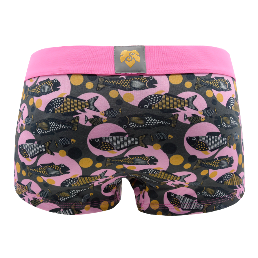Panty Schwarm von hinten – Fische auf Rosa und Grau mit goldenen Punkten, rosa Bund