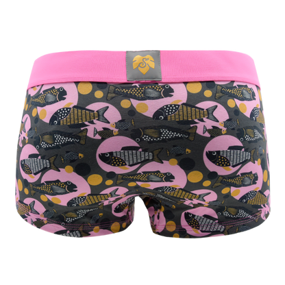 Panty Schwarm von hinten – Fische auf Rosa und Grau mit goldenen Punkten, rosa Bund