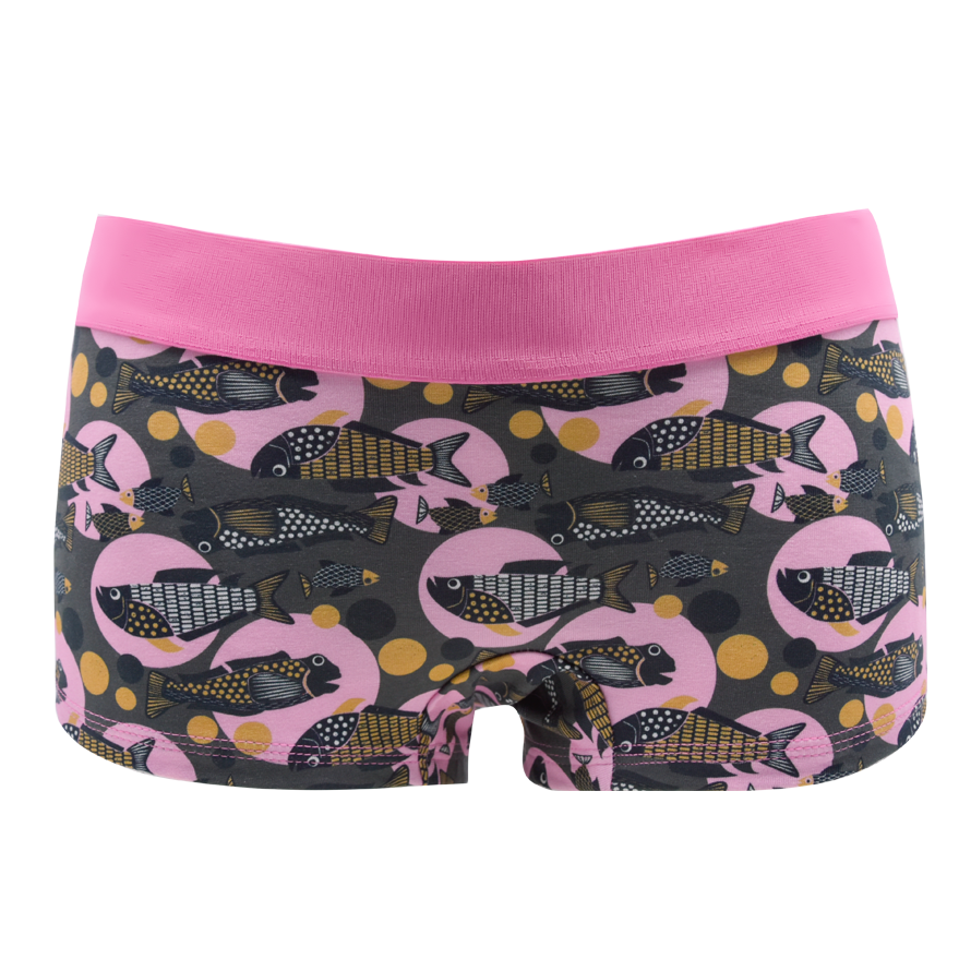 Panty Schwarm von vorne – Fische auf Rosa und Grau mit goldenen Punkten, rosa Bund