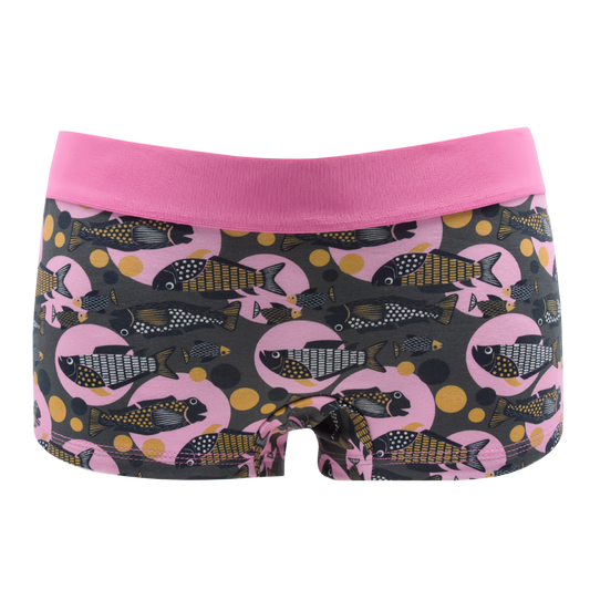 Panty Schwarm von vorne – Fische auf Rosa und Grau mit goldenen Punkten, rosa Bund