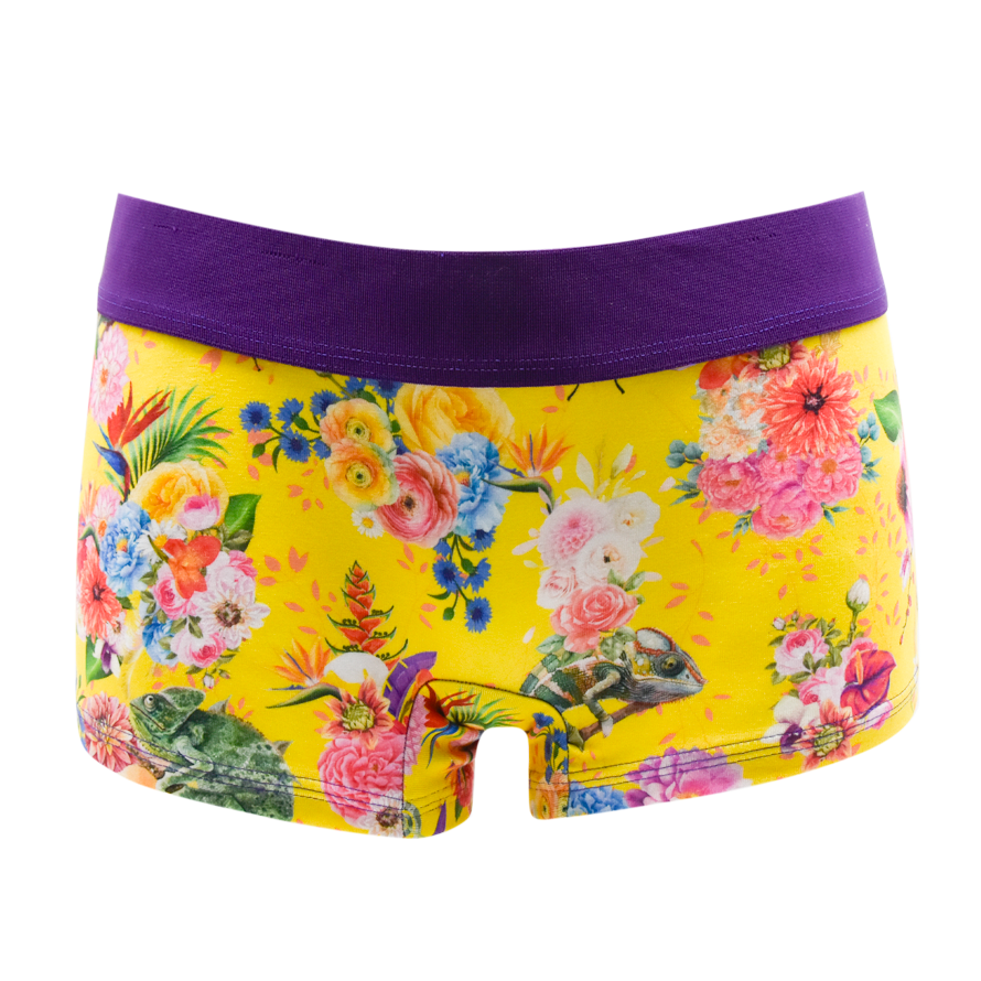 Schockhöschen Panty Karma Chameleon in leuchtendem Gelb, Vorderansicht, abstraktes Chamäleon-Muster auf Baumwolle