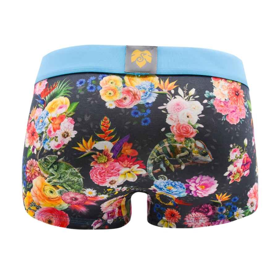 Schockhöschen Panty Karma Chameleon Rückansicht — bunte Blumen, Chameleon auf grauen Hintergrund mit helltürkisfarbenen Gummibund  95 % Baumwolle fair in Deutschland genäht, Größen XS bis 4XL