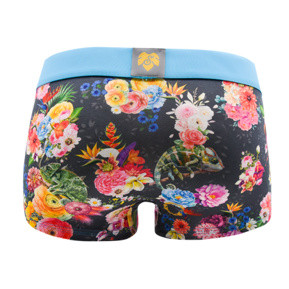 Schockhöschen Panty Karma Chameleon Rückansicht — bunte Blumen, Chameleon auf grauen Hintergrund mit helltürkisfarbenen Gummibund  95 % Baumwolle fair in Deutschland genäht, Größen XS bis 4XL