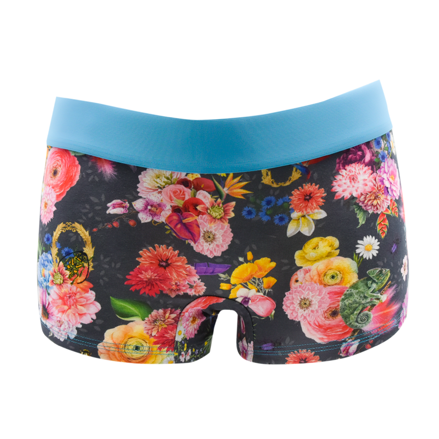 Schockhöschen Panty Karma Chameleon Vorderansicht — bunte Blumen, Chameleon auf grauen Hintergrund mit helltürkisfarbenen Gummibund  95 % Baumwolle fair in Deutschland genäht, Größen XS bis 4XL