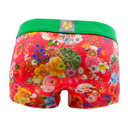 Schockhöschen Panty Karma Chameleon Pink Rückansicht — tropischer Blumenprint auf Korallrot, grüner Bund, goldenes Logo, exklusives Künstlerdesign nur bei Schockhöschen