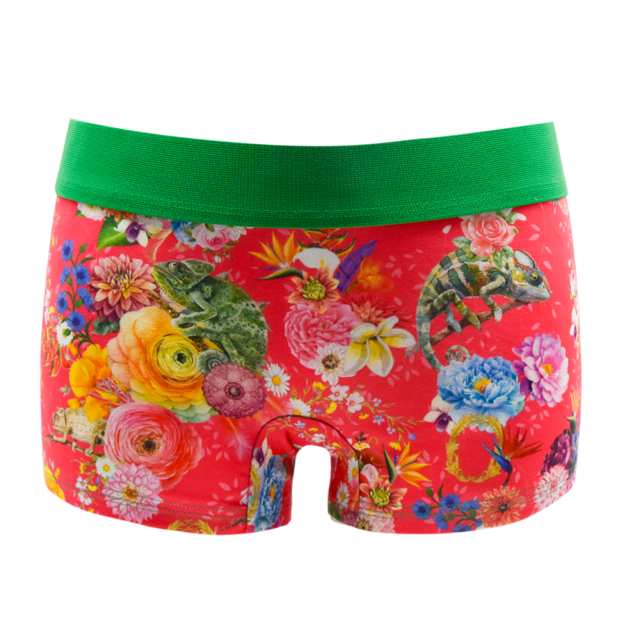 Schockhöschen Panty Karma Chameleon Pink Vorderansicht — botanischer Print auf Korallrot, 95 % Baumwolle fair in Deutschland genäht, Größen XS bis 4XL