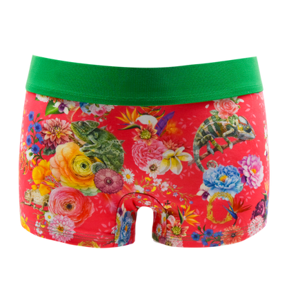 Schockhöschen Panty Karma Chameleon Pink Vorderansicht — botanischer Print auf Korallrot, 95 % Baumwolle fair in Deutschland genäht, Größen XS bis 4XL