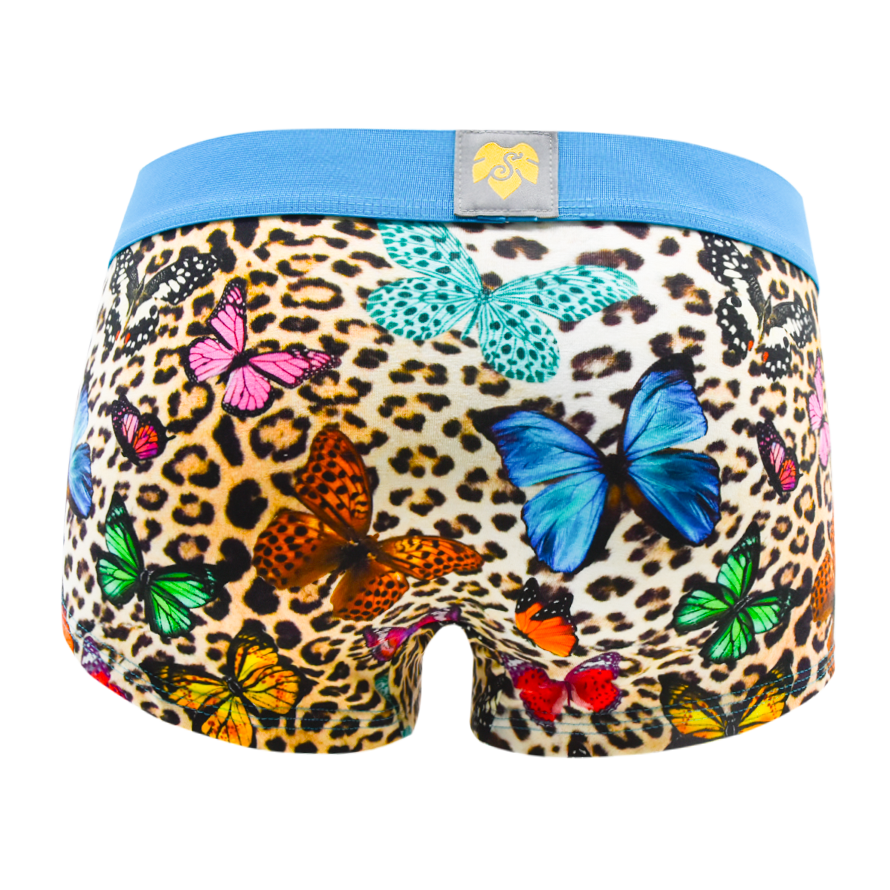 Schockhöschen Panty Leo Butterfly Rückansicht — Leopardenmuster mit bunten Schmetterlingsillustration in Blau, Pink, Grün und Orange, hellblauer Bund, goldenes Logo