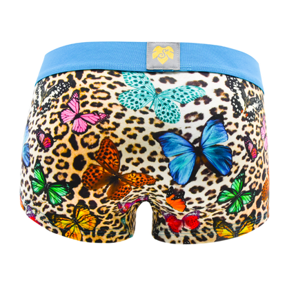 Schockhöschen Panty Leo Butterfly Rückansicht — Leopardenmuster mit bunten Schmetterlingsillustration in Blau, Pink, Grün und Orange, hellblauer Bund, goldenes Logo