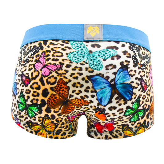 Schockhöschen Panty Leo Butterfly Rückansicht — Leopardenmuster mit bunten Schmetterlingsillustration in Blau, Pink, Grün und Orange, hellblauer Bund, goldenes Logo