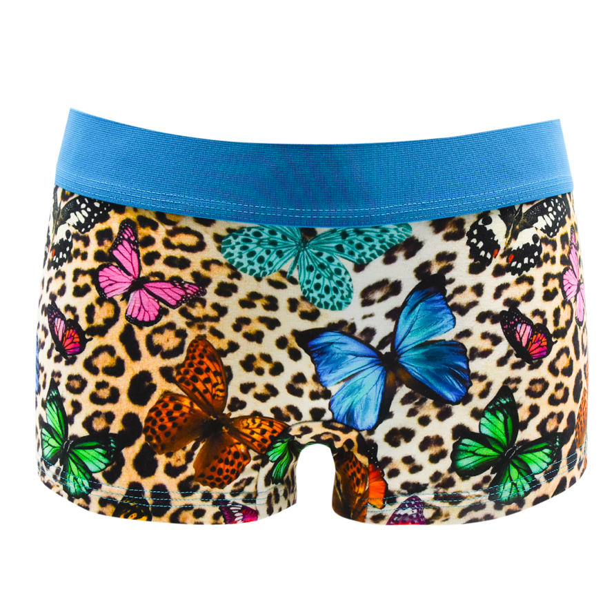 Schockhöschen Panty Leo Butterfly Vorderansicht — Leo-Print mit Schmetterlingen, 95 % Baumwolle fair in Deutschland genäht, Größen XS bis 4XL