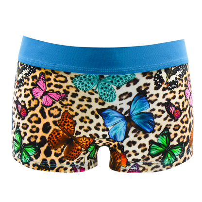 Schockhöschen Panty Leo Butterfly Vorderansicht — Leo-Print mit Schmetterlingen, 95 % Baumwolle fair in Deutschland genäht, Größen XS bis 4XL