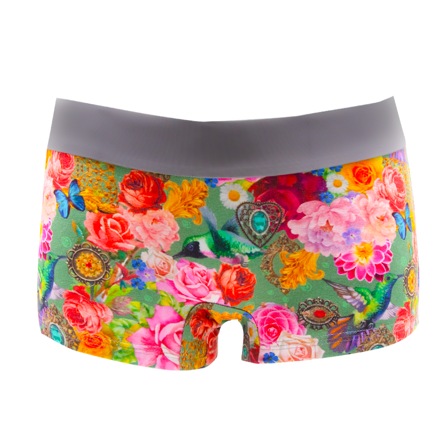 Schockhöschen Panty Kolibri Vorderansicht — illustrierter Natur-Print auf Olivgrün, 95 % Baumwolle fair in Deutschland genäht, Größen XS bis 4XL