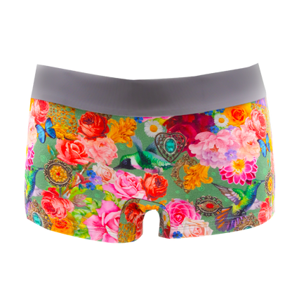 Schockhöschen Panty Kolibri Vorderansicht — illustrierter Natur-Print auf Olivgrün, 95 % Baumwolle fair in Deutschland genäht, Größen XS bis 4XL