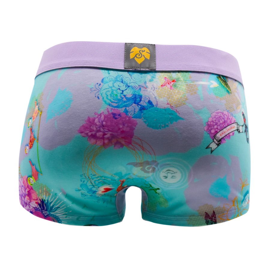 Schockhöschen Panty La Tack Rückansicht — türkiser Grund mit violetten Pfingstrosen und Magenta-Blüten, lavendelfarbener Bund, künstlerisches Blumenprint-Design