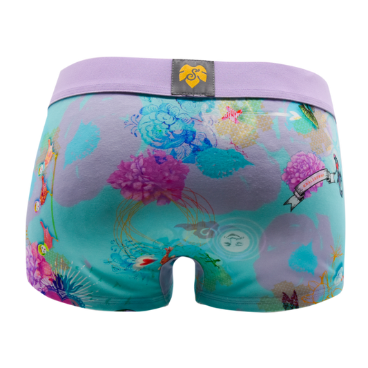 Schockhöschen Panty La Tack Rückansicht — türkiser Grund mit violetten Pfingstrosen und Magenta-Blüten, lavendelfarbener Bund, künstlerisches Blumenprint-Design