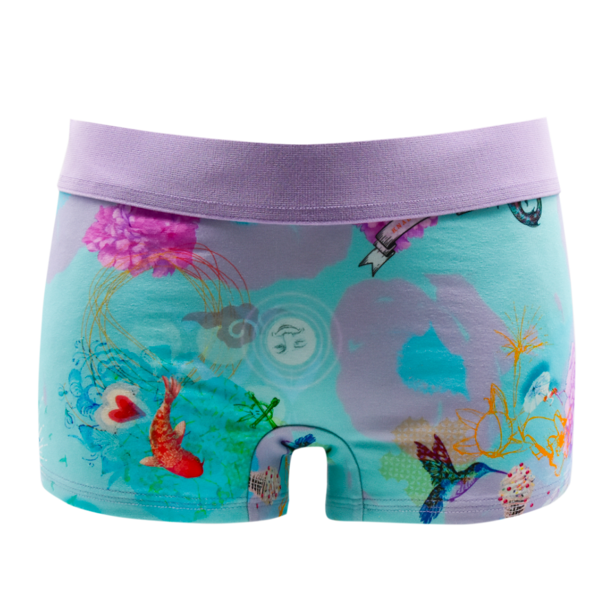 Schockhöschen Panty La Tack Vorderansicht — botanischer Kunstdruck auf Türkis, 95 % Baumwolle, fair in Deutschland genäht, Größen XS bis 4XL
