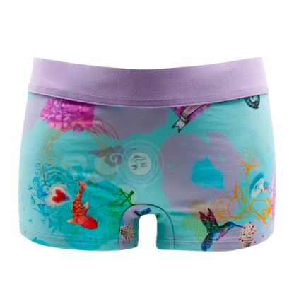 Schockhöschen Panty La Tack Vorderansicht — botanischer Kunstdruck auf Türkis, 95 % Baumwolle, fair in Deutschland genäht, Größen XS bis 4XL