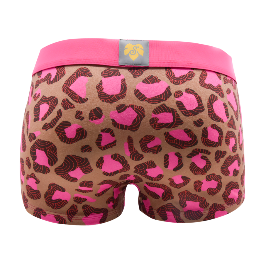 Schockhöschen Panty Leo Mokka Pink Rückansicht — Hot-Pink Leopardenspots auf warmem Mokkabraun, passender Pink-Bund, goldenes Logo, exklusives Design nur bei Schockhöschen
