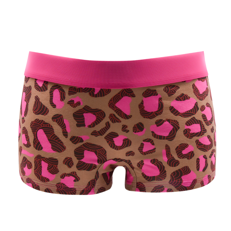 Schockhöschen Panty Leo Mokka Pink Vorderansicht — umgekehrter Leo-Print in Mokka und Hot-Pink, 95 % Baumwolle fair in Deutschland genäht, Größen XS bis 4XL