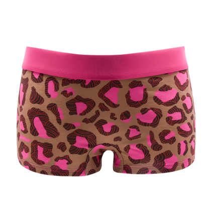Schockhöschen Panty Leo Mokka Pink Vorderansicht — umgekehrter Leo-Print in Mokka und Hot-Pink, 95 % Baumwolle fair in Deutschland genäht, Größen XS bis 4XL