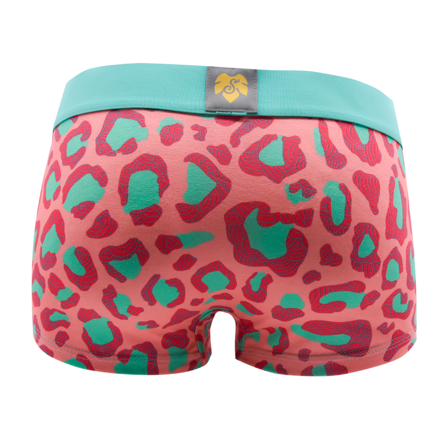 Schockhöschen Panty Leo Mint Rückansicht — lachsrosa Leopardenmuster mit mintgrünen Spots, türkisfarbener Bund, exklusives Design