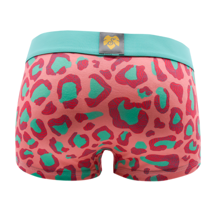 Schockhöschen Panty Leo Mint Rückansicht — lachsrosa Leopardenmuster mit mintgrünen Spots, türkisfarbener Bund, exklusives Design