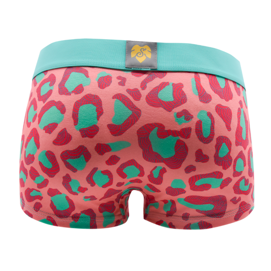 Schockhöschen Panty Leo Mint Rückansicht — lachsrosa Leopardenmuster mit mintgrünen Spots, türkisfarbener Bund, exklusives Design