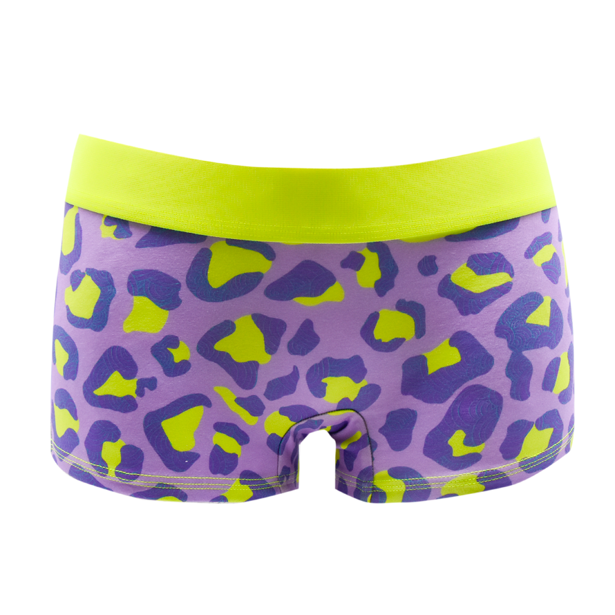 Schockhöschen Panty Leo Neon Vorderansicht — Neon-Leo-Print in Lila und Gelb, 95% Baumwolle fair genäht, Größen XS bis 4XL