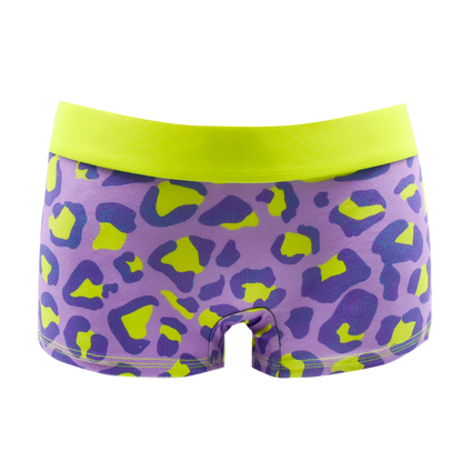 Schockhöschen Panty Leo Neon Vorderansicht — Neon-Leo-Print in Lila und Gelb, 95% Baumwolle fair genäht, Größen XS bis 4XL