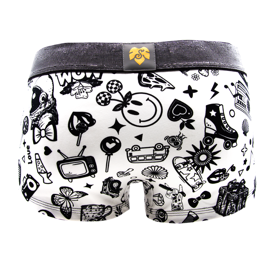 Panty Lucky Chaos von hinten – Retro-Pop-Motive in Schwarz auf Creme, schwarzer Glitzerbund mit Silberglitzer