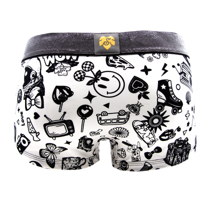 Panty Lucky Chaos von hinten – Retro-Pop-Motive in Schwarz auf Creme, schwarzer Glitzerbund mit Silberglitzer