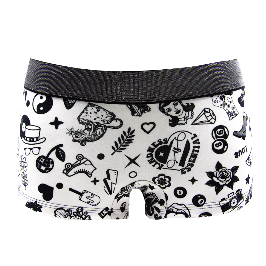 Panty Lucky Chaos von vorne – Retro-Pop-Motive in Schwarz auf Creme, schwarzer Glitzerbund mit Silberglitzer