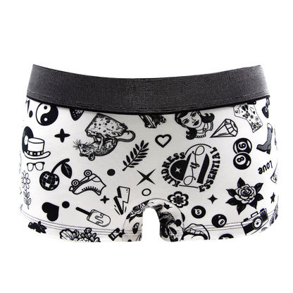 Panty Lucky Chaos von vorne – Retro-Pop-Motive in Schwarz auf Creme, schwarzer Glitzerbund mit Silberglitzer